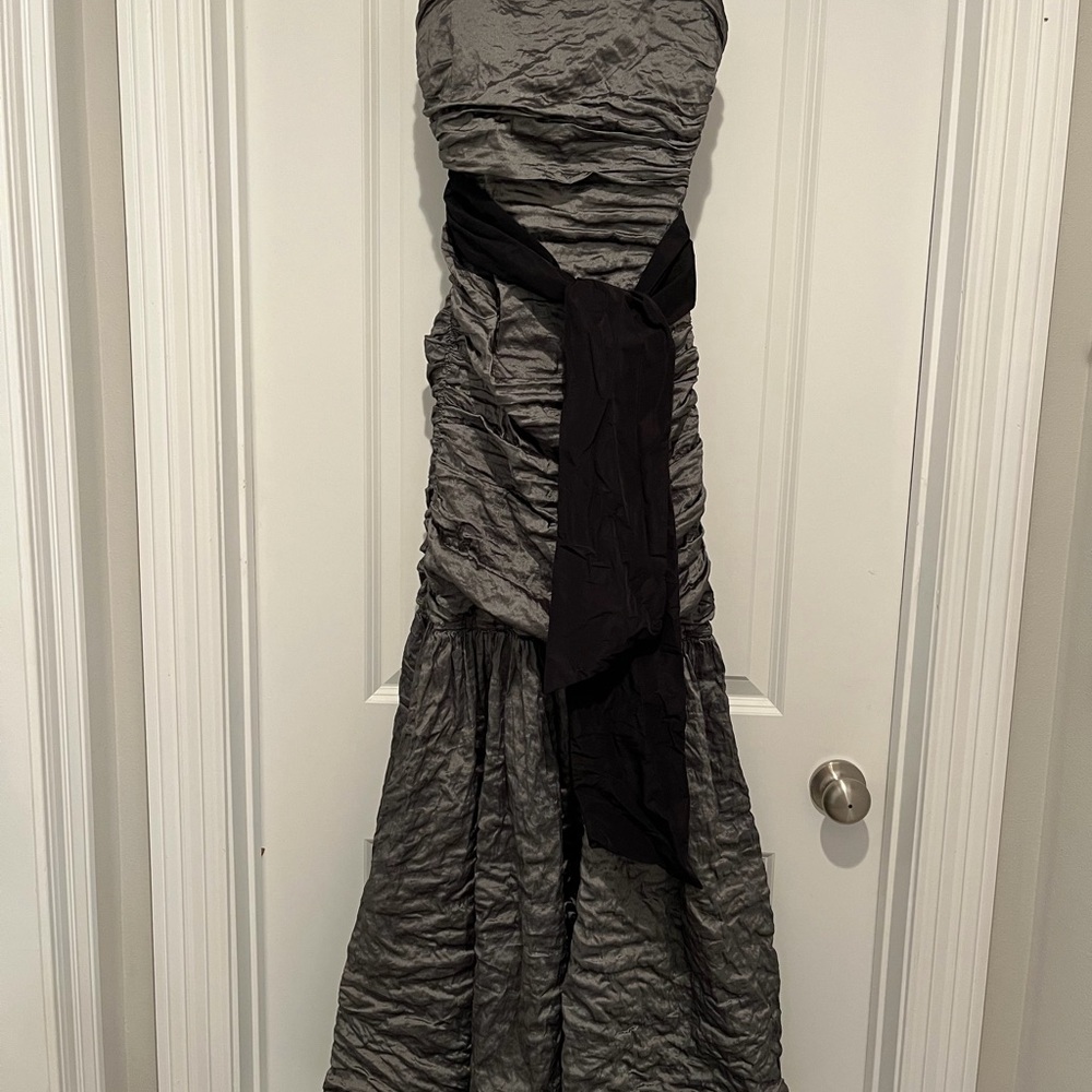 BCBGMaxAzria Strapless Ruched Gown with Black Bow